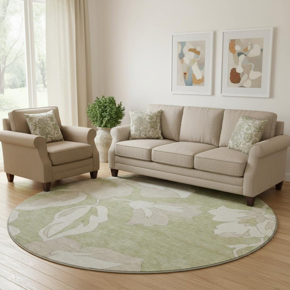 HomeRoots 8' Elegant Artichoke Green & Ivory Floral Round Rug - Washable, UV Protected, Stain-Resistant Decor 667960
