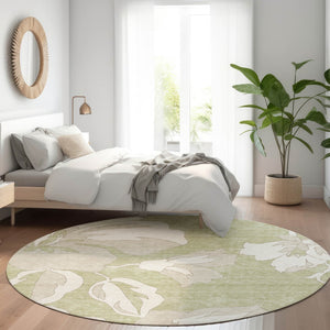 HomeRoots 8' Elegant Artichoke Green & Ivory Floral Round Rug - Washable, UV Protected, Stain-Resistant Decor 667960