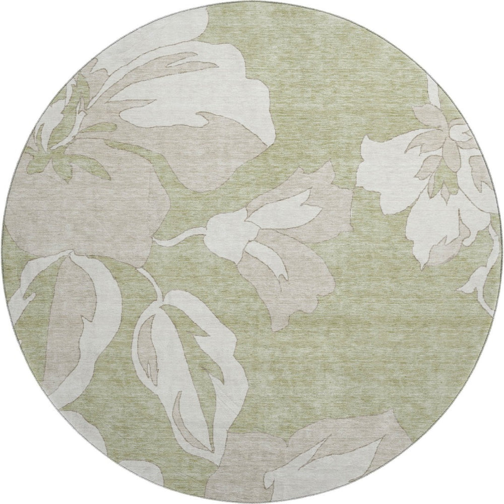 HomeRoots 8' Elegant Artichoke Green & Ivory Floral Round Rug - Washable, UV Protected, Stain-Resistant Decor 667960