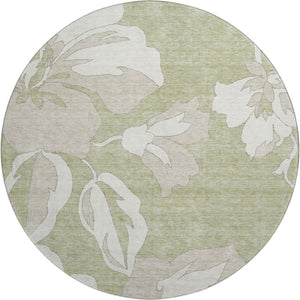 HomeRoots 8' Elegant Artichoke Green & Ivory Floral Round Rug - Washable, UV Protected, Stain-Resistant Decor 667960