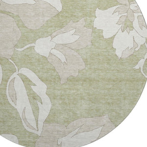 HomeRoots 8' Elegant Artichoke Green & Ivory Floral Round Rug - Washable, UV Protected, Stain-Resistant Decor 667960