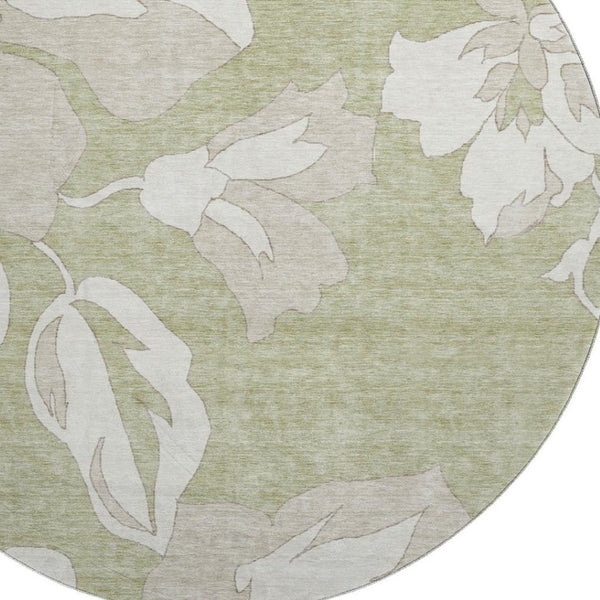 HomeRoots 8' Elegant Artichoke Green & Ivory Floral Round Rug - Washable, UV Protected, Stain-Resistant Decor 667960