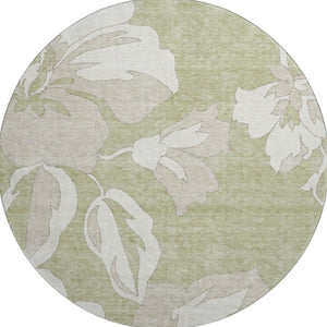 HomeRoots 8' Elegant Artichoke Green & Ivory Floral Round Rug - Washable, UV Protected, Stain-Resistant Decor 667960