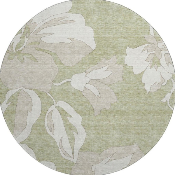 HomeRoots 8' Elegant Artichoke Green & Ivory Floral Round Rug - Washable, UV Protected, Stain-Resistant Decor 667960