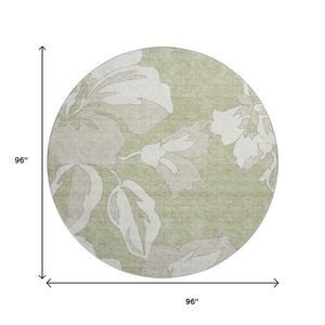 HomeRoots 8' Elegant Artichoke Green & Ivory Floral Round Rug - Washable, UV Protected, Stain-Resistant Decor 667960