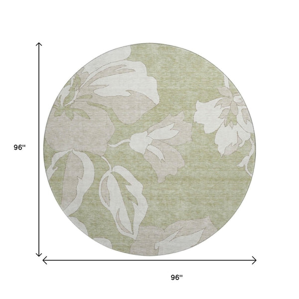 HomeRoots 8' Elegant Artichoke Green & Ivory Floral Round Rug - Washable, UV Protected, Stain-Resistant Decor 667960