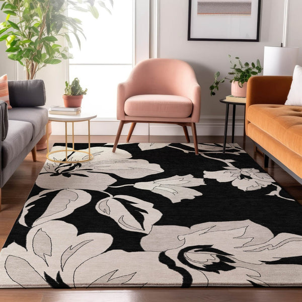 HomeRoots 5' X 8' Black And Ivory Floral Area Rug - Durable, Washable, UV-Protected for High-Traffic Spaces 667965