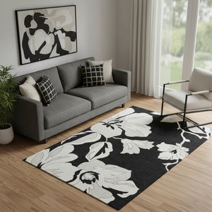 HomeRoots 5' X 8' Black And Ivory Floral Area Rug - Durable, Washable, UV-Protected for High-Traffic Spaces 667965