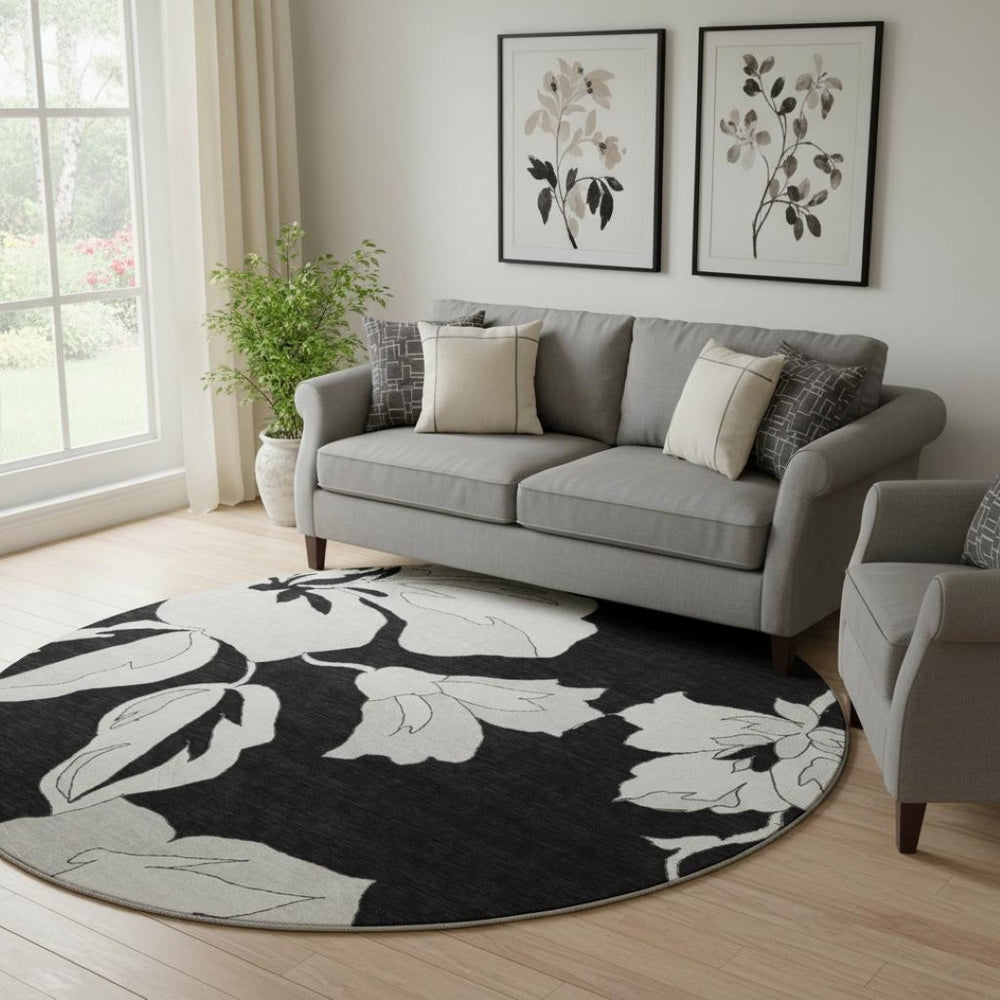 HomeRoots 8' Black and Ivory Floral Washable Round Rug – Durable, UV Protected, Perfect for Busy Homes & Décor 667966