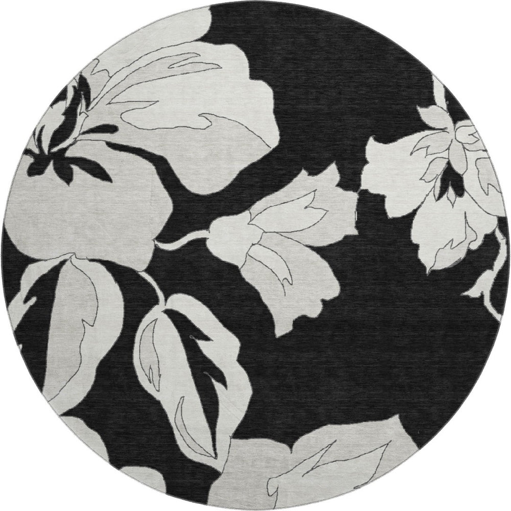 HomeRoots 8' Black and Ivory Floral Washable Round Rug – Durable, UV Protected, Perfect for Busy Homes & Décor 667966