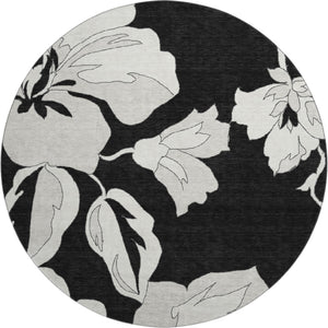 HomeRoots 8' Black and Ivory Floral Washable Round Rug – Durable, UV Protected, Perfect for Busy Homes & Décor 667966