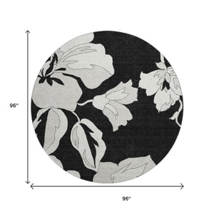 HomeRoots 8' Black and Ivory Floral Washable Round Rug – Durable, UV Protected, Perfect for Busy Homes & Décor 667966