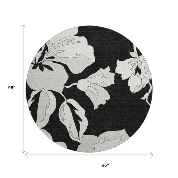 HomeRoots 8' Black and Ivory Floral Washable Round Rug – Durable, UV Protected, Perfect for Busy Homes & Décor 667966