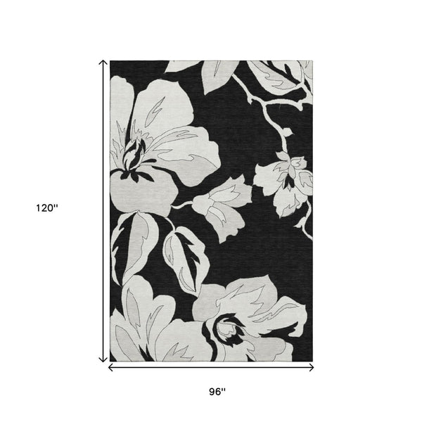 HomeRoots 8' X 10' Black and Ivory Floral Washable Area Rug - Durable, UV Protected, Stain Resistant Design 667967