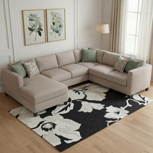 HomeRoots 8' X 10' Black and Ivory Floral Washable Area Rug - Durable, UV Protected, Stain Resistant Design 667967