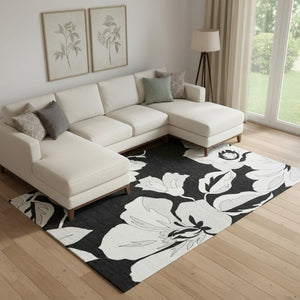 HomeRoots 9' X 12' Black and Ivory Floral Area Rug – Washable, Stain Resistant, UV Protected for Elegant Homes 667968