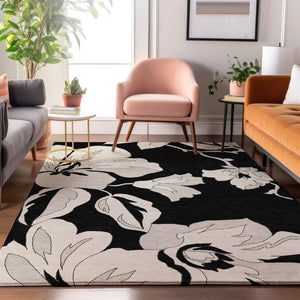 HomeRoots 9' X 12' Black and Ivory Floral Area Rug – Washable, Stain Resistant, UV Protected for Elegant Homes 667968