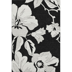 HomeRoots 9' X 12' Black and Ivory Floral Area Rug – Washable, Stain Resistant, UV Protected for Elegant Homes 667968