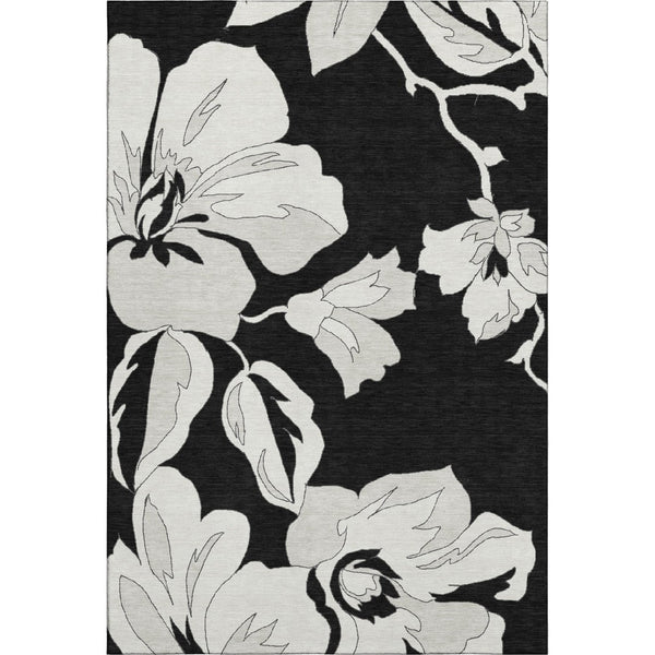 HomeRoots 9' X 12' Black and Ivory Floral Area Rug – Washable, Stain Resistant, UV Protected for Elegant Homes 667968