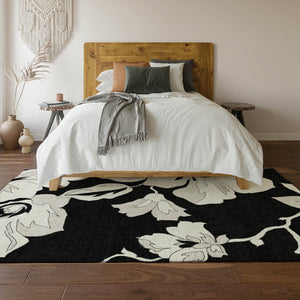 HomeRoots 9' X 12' Black and Ivory Floral Area Rug – Washable, Stain Resistant, UV Protected for Elegant Homes 667968