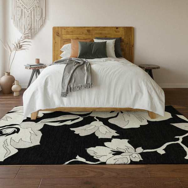 HomeRoots 9' X 12' Black and Ivory Floral Area Rug – Washable, Stain Resistant, UV Protected for Elegant Homes 667968
