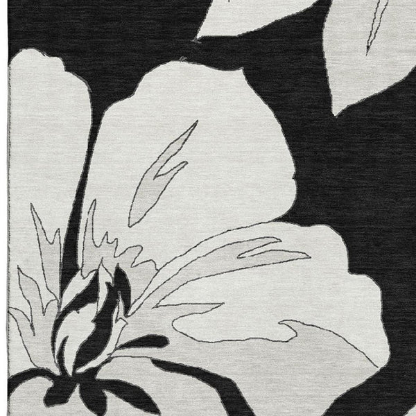 HomeRoots 9' X 12' Black and Ivory Floral Area Rug – Washable, Stain Resistant, UV Protected for Elegant Homes 667968