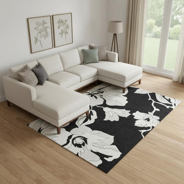 HomeRoots 10' X 14' Black And Ivory Floral Area Rug - Stylish, Washable, UV-Protected for Homes with Kids & Pets 667969