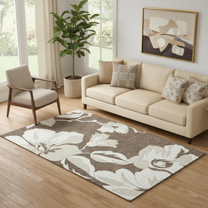 HomeRoots 5' X 8' Brown And Ivory Floral Area Rug - Washable, UV-Protected, Durable, Perfect for High-Traffic Areas 667971