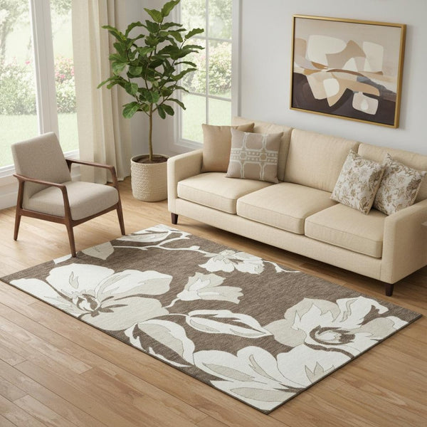 HomeRoots 5' X 8' Brown And Ivory Floral Area Rug - Washable, UV-Protected, Durable, Perfect for High-Traffic Areas 667971