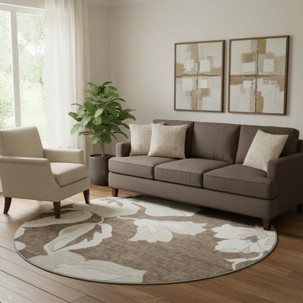 HomeRoots 8' Brown And Ivory Floral Washable Round Rug - Durable, Stain Resistant, UV Protected for Busy Homes 667972