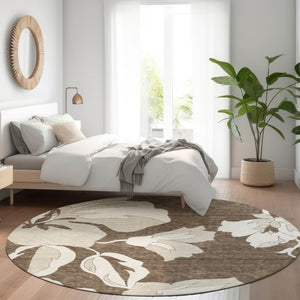 HomeRoots 8' Brown And Ivory Floral Washable Round Rug - Durable, Stain Resistant, UV Protected for Busy Homes 667972