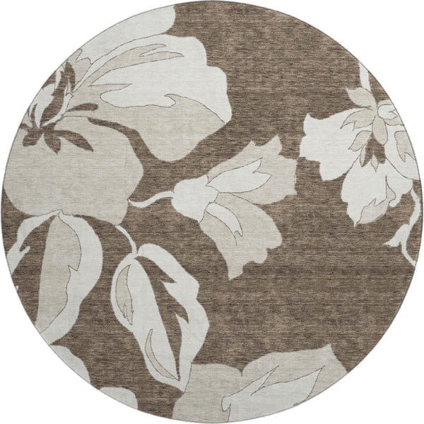 HomeRoots 8' Brown And Ivory Floral Washable Round Rug - Durable, Stain Resistant, UV Protected for Busy Homes 667972