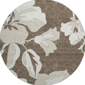 HomeRoots 8' Brown And Ivory Floral Washable Round Rug - Durable, Stain Resistant, UV Protected for Busy Homes 667972