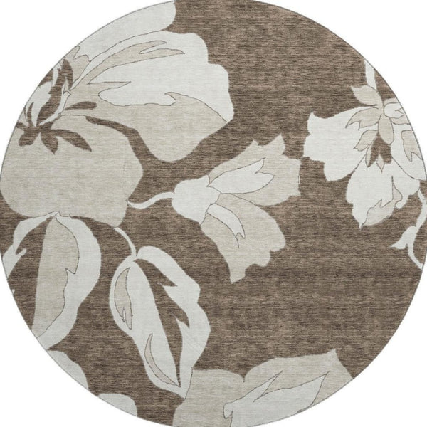 HomeRoots 8' Brown And Ivory Floral Washable Round Rug - Durable, Stain Resistant, UV Protected for Busy Homes 667972