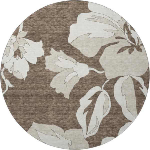 HomeRoots 8' Brown And Ivory Floral Washable Round Rug - Durable, Stain Resistant, UV Protected for Busy Homes 667972