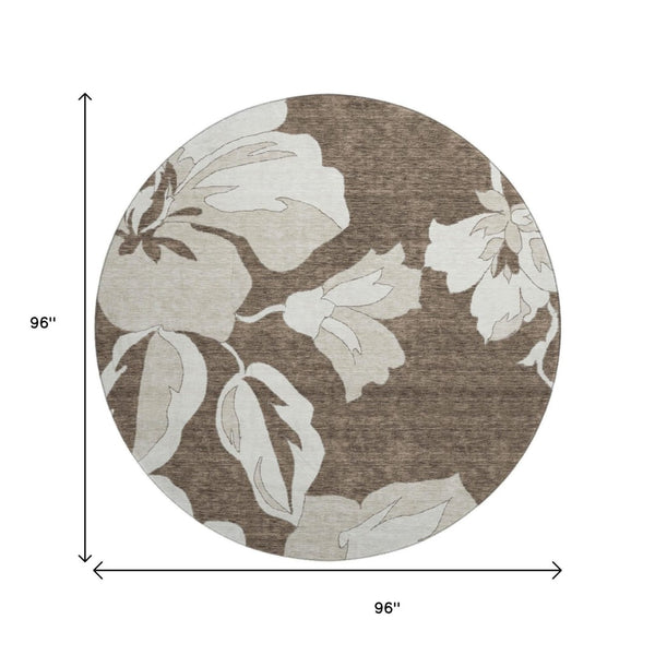 HomeRoots 8' Brown And Ivory Floral Washable Round Rug - Durable, Stain Resistant, UV Protected for Busy Homes 667972