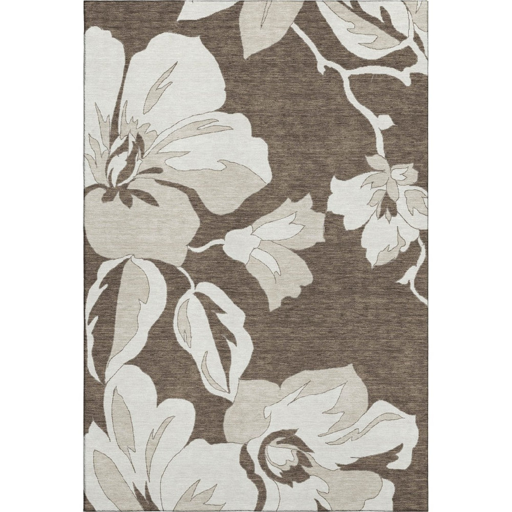 HomeRoots 8' X 10' Brown And Ivory Floral Area Rug – Washable, UV Protected, Stain-Resistant for Busy Homes 667973