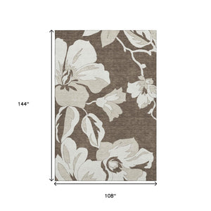 HomeRoots 9' X 12' Brown And Ivory Floral Area Rug – Washable, UV-Protected, Durable for High-Traffic Spaces 667974