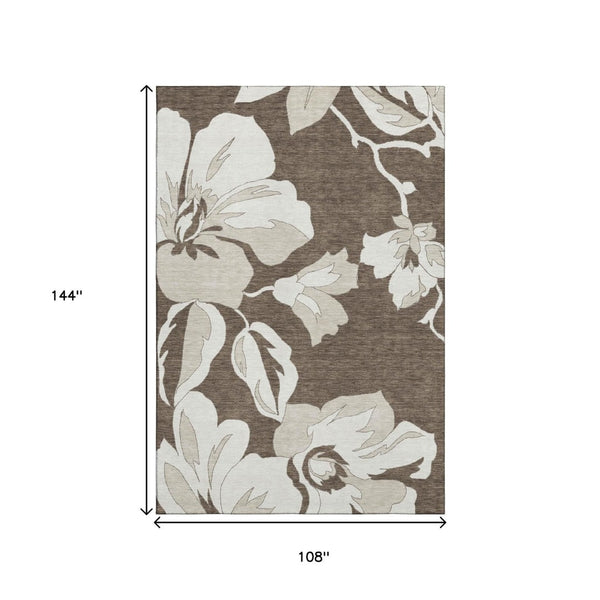 HomeRoots 9' X 12' Brown And Ivory Floral Area Rug – Washable, UV-Protected, Durable for High-Traffic Spaces 667974