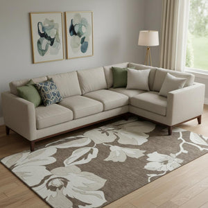 HomeRoots 9' X 12' Brown And Ivory Floral Area Rug – Washable, UV-Protected, Durable for High-Traffic Spaces 667974