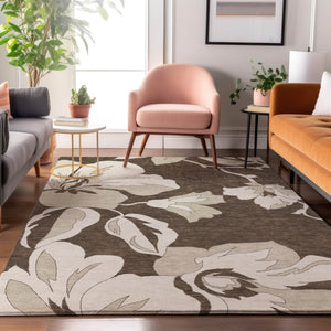 HomeRoots 9' X 12' Brown And Ivory Floral Area Rug – Washable, UV-Protected, Durable for High-Traffic Spaces 667974