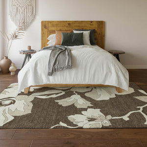 HomeRoots 9' X 12' Brown And Ivory Floral Area Rug – Washable, UV-Protected, Durable for High-Traffic Spaces 667974