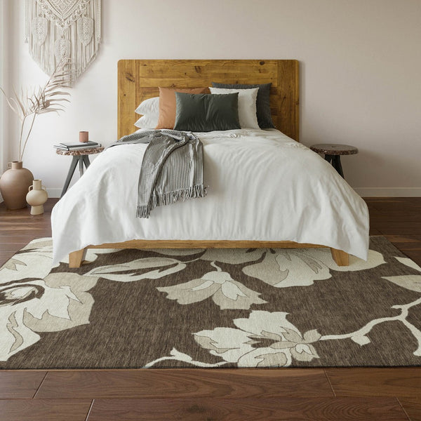 HomeRoots 9' X 12' Brown And Ivory Floral Area Rug – Washable, UV-Protected, Durable for High-Traffic Spaces 667974
