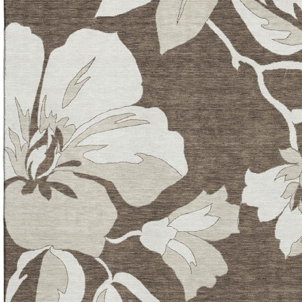 HomeRoots 9' X 12' Brown And Ivory Floral Area Rug – Washable, UV-Protected, Durable for High-Traffic Spaces 667974
