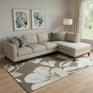 HomeRoots 10' X 14' Floral Washable Area Rug - Brown & Ivory, UV Protected, Durable, Easy-Care, Perfect for Homes 667975
