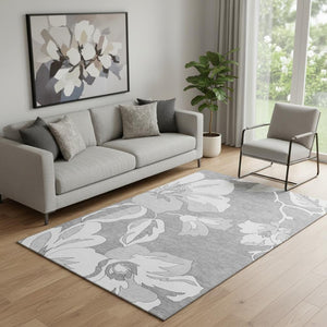 HomeRoots 5' Gray and Silver Floral Washable Area Rug - UV Protected, Durable, Easy-Care for High-Traffic Spaces 667977