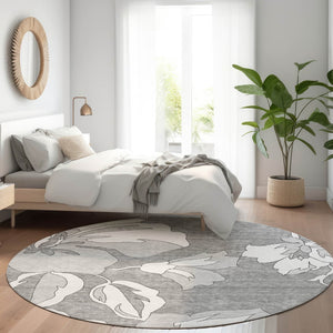 HomeRoots 8' Gray and Silver Floral Round Rug - Washable, UV-Resistant, Perfect for Living Rooms & More! 667978