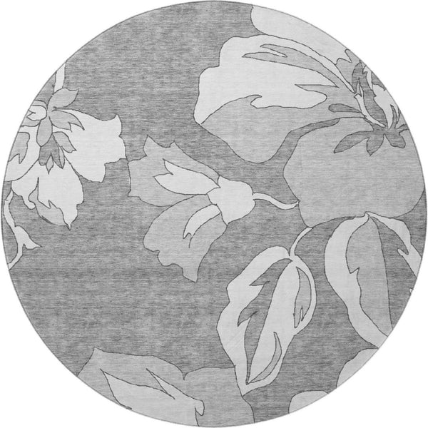 HomeRoots 8' Gray and Silver Floral Round Rug - Washable, UV-Resistant, Perfect for Living Rooms & More! 667978