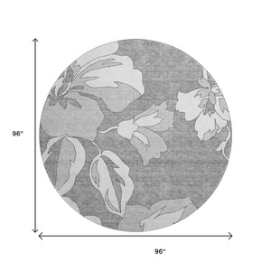 HomeRoots 8' Gray and Silver Floral Round Rug - Washable, UV-Resistant, Perfect for Living Rooms & More! 667978