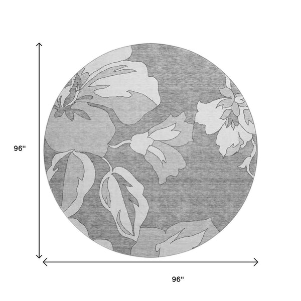 HomeRoots 8' Gray and Silver Floral Round Rug - Washable, UV-Resistant, Perfect for Living Rooms & More! 667978